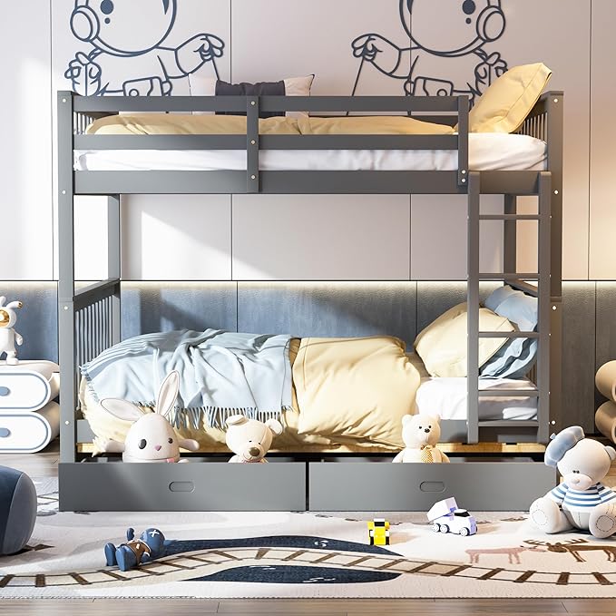 Merax Wood Bunk Bed with Drawers, Convertible Wood Bunk Bed with Ladders and - Image 3
