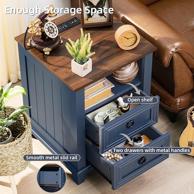 18" Farmhouse Night Stand with Charging Station, 2 Drawers End Table Dresser - Image 4
