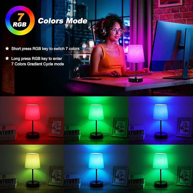 Ascher Small Bedside Table lamp Set of 2, RGB Color Changing Lamps, 3 Color - Image 3