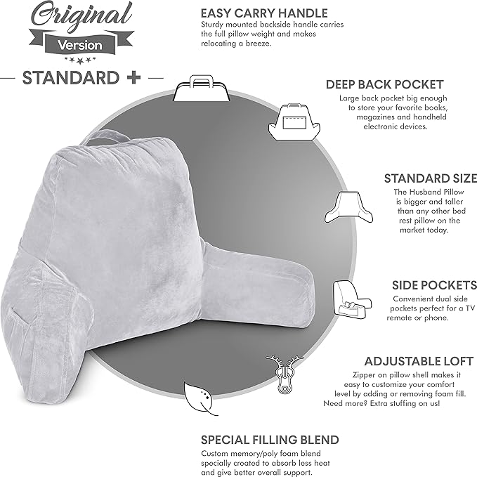 Husband Pillow Light Grey, Original Reading Pillow in Bed Rest Chair, Shredded - Image 5