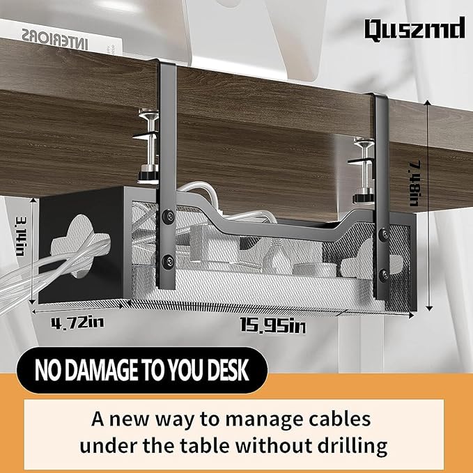 Under Desk Cable Management Tray 15.95", Quszmd Cable Organizer No Drill - Image 2