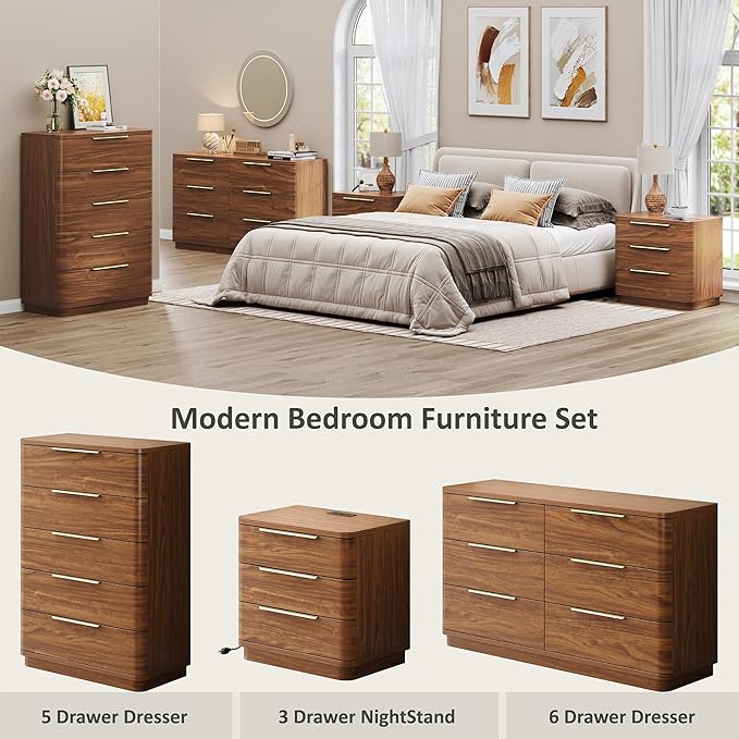 5 Drawer Dresser for Bedroom, Curved Profile Design, Wooden Closet - Image 5