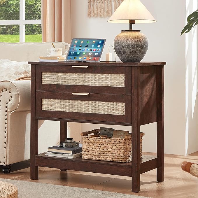 LEYAOYAO 31.5" Wide Rattan Night Stand, Large Boho Nightstand, Bedside Table - Image 5