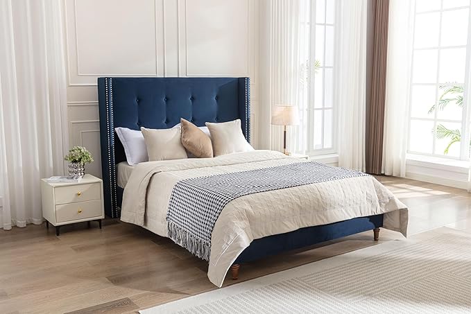 King Size Upholstered Bed Frame, Hand Buttoned Tufting Headboard Beds/No Box - Image 7