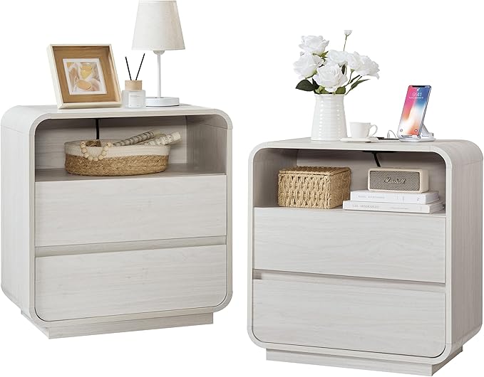 White Nightstand Set of 2 with Charging Station, 23.2" Wide Wood Bedside Table by StandifurnoFurniture