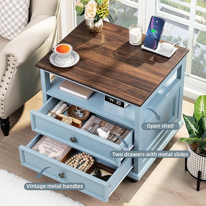 Farmhouse Nightstand with Charging Station, Light Blue Dresser - Image 3