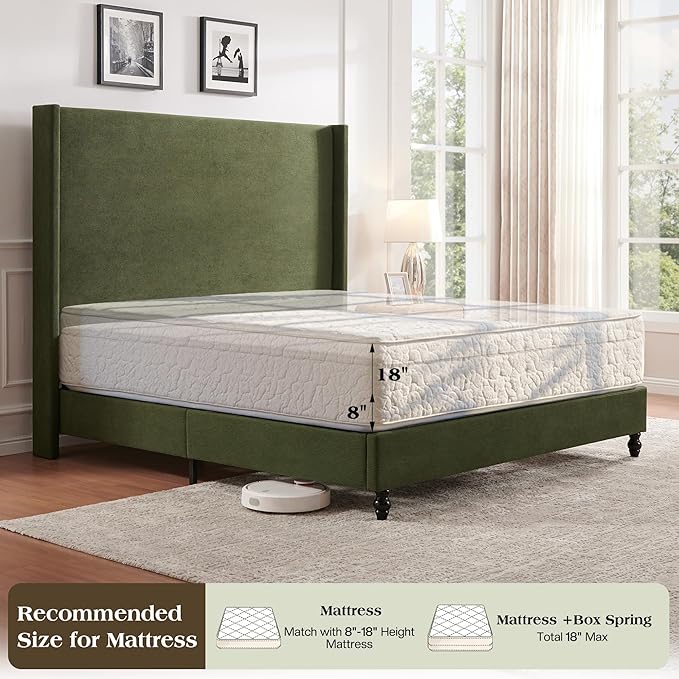 King Bed Frame with 65" Tall Headboard, Horizontal Fine Corduroy Bed Frame with - Image 6
