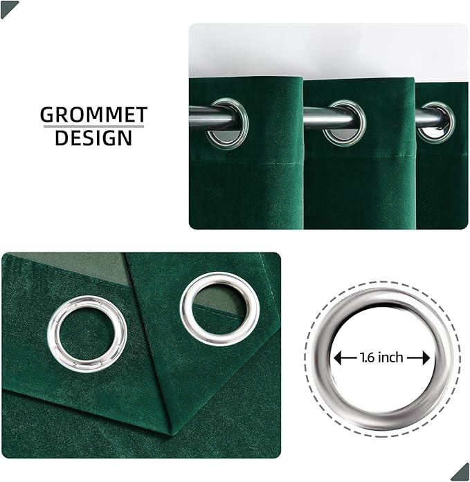 Joydeco Dark Green Velvet Curtains 72 Inches Long, Luxury Grommet Blackout - Image 2