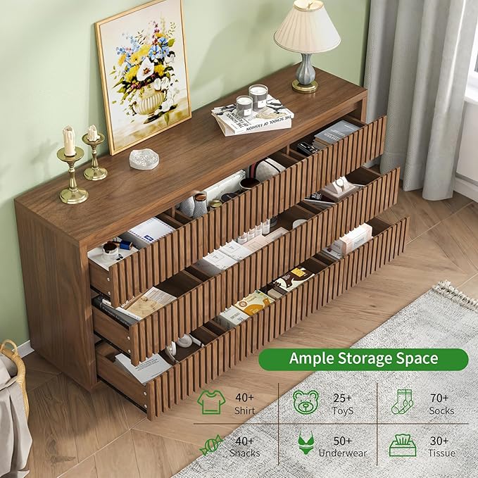 Fluted Long 9 Drawer Dresser, Large Mid Century Dresser - Image 6
