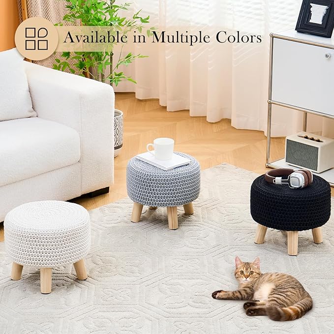 LGENHOOM Boho Ottoman Foot Stool Cotton Knitted Round Pouf Ottoman Foot Rest - Image 7
