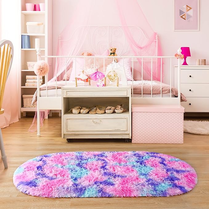 Noahas Oval Fluffy Hot Pink Rainbow Rug 2.6X5.3 Small Kids Rugs - Image 7
