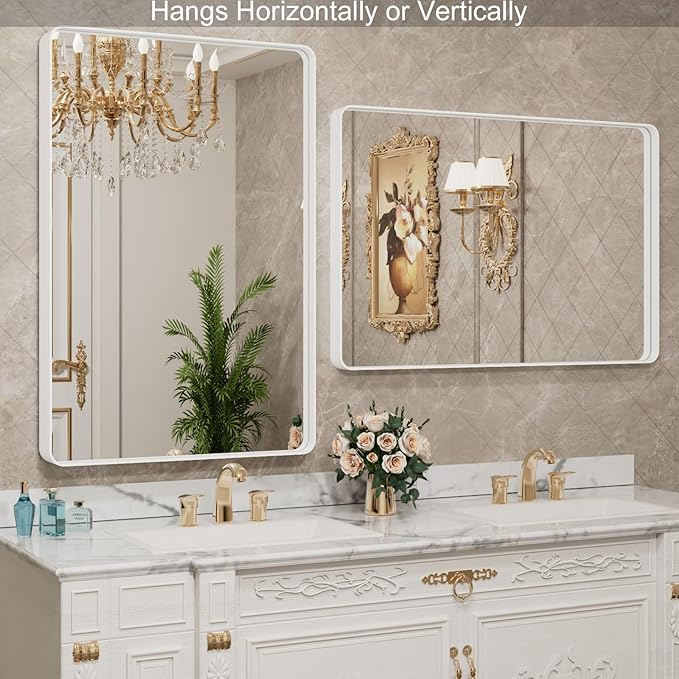 LOAAO 24x32 Inch White Metal Framed Bathroom Mirror - Image 3