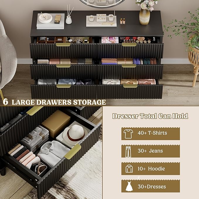 Lulive Black Dresser for Bedroom Wood Dressers Chest of Drawers, Fluted 54" - Image 3
