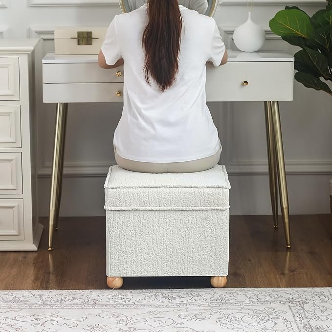 Adeco 17 Inch High Faux Fur White Cube Ottoman Storage, 3D Embossed Velvet - Image 5