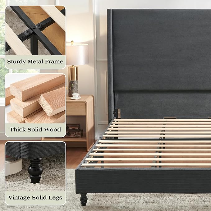 King Bed Frame with 65" Tall Headboard, Horizontal Fine Corduroy Bed Frame with - Image 7