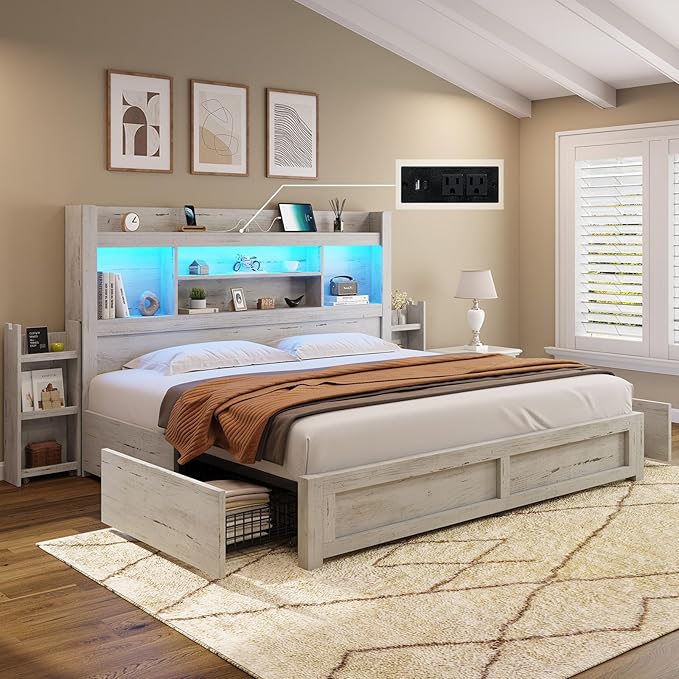 AMERLIFE King Bed Frame with 4 Storage Drawers, LED Bed Frame with 49.6" Tall - Image 3
