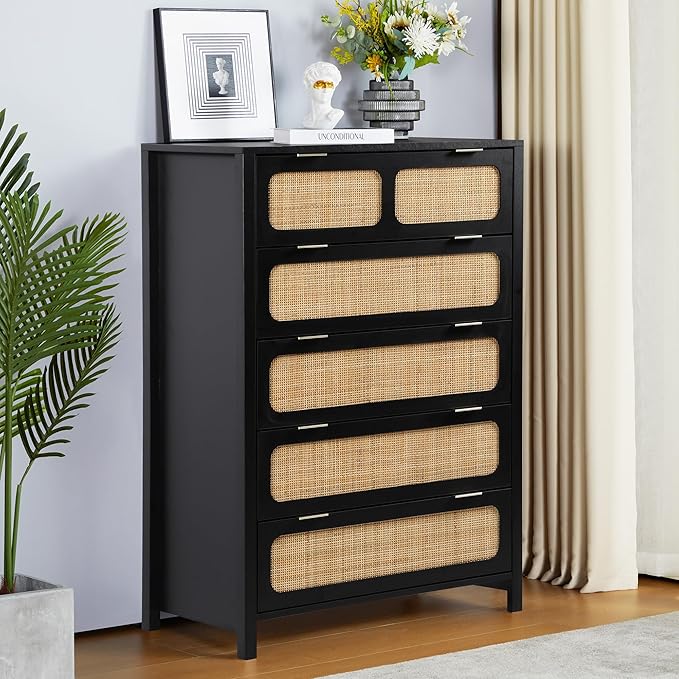 LEVNARY 5 Drawer Chest Dresser, Rattan Tall Dresser 5 Chest of Drawers Dressers - Image 6