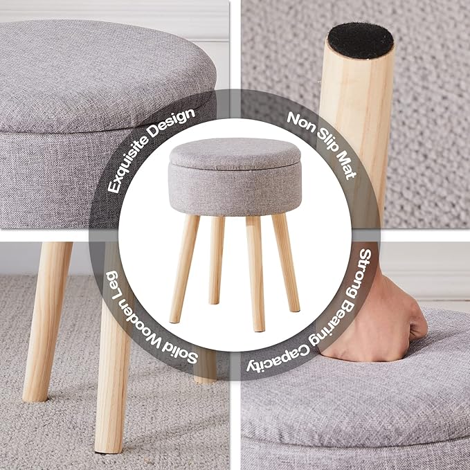 Mxfurhawa Storage Ottoman Linen Round Vanity Stool Tray Top Modern Foot Stool - Image 6