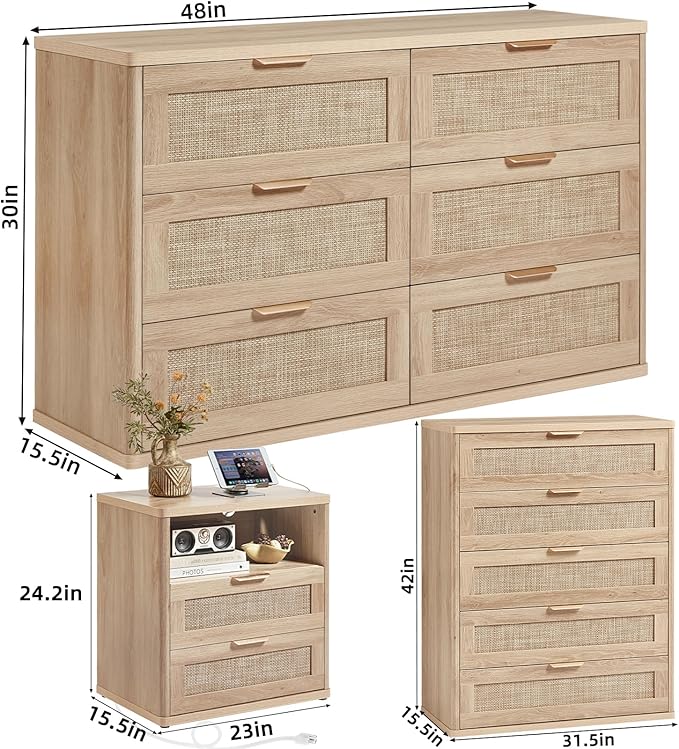 LEYAOYAO Rattan Dresser and Nightstand Set of 3, Boho Wood Dresser - Image 3