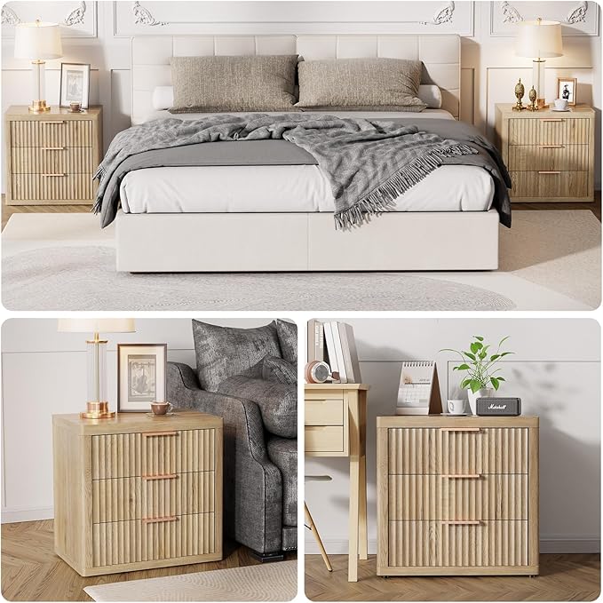 Night Stand with 3 Drawers, Fluted Bed Side Table with Metal Handle, End Table - Image 3