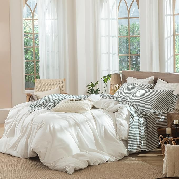 MooMee Striped Fitted Bottom Sheet Only 100% Washed Cotton Linen Like Textured - Image 6