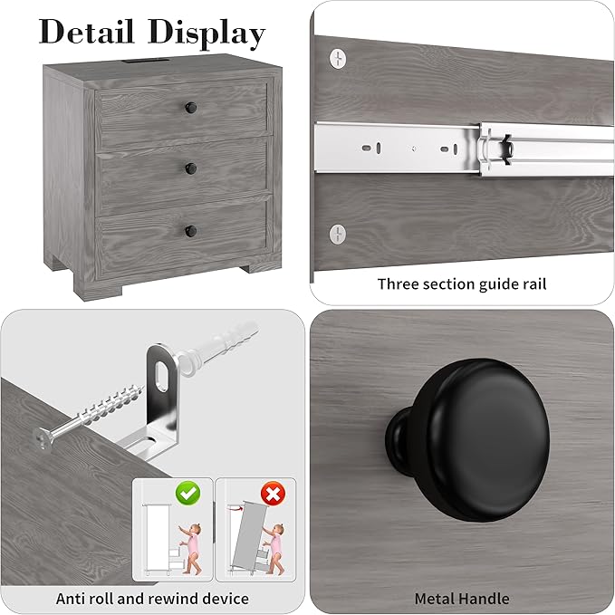 COWMOU Nightstand with Drawers 3 Drawer Night Stand with Charging Station - Image 8