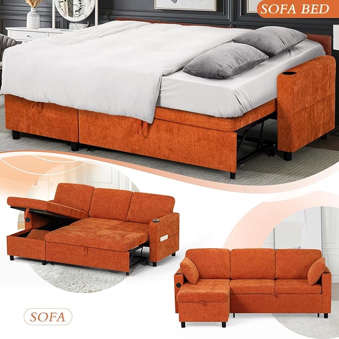 84" Chenille Pull Out Sofa Bed w/Adjustable Backrest, L-Shape Modern Sleeper - Image 7