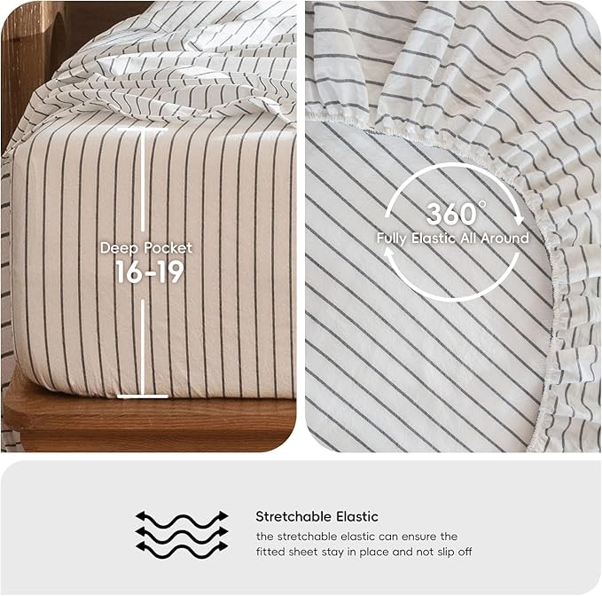 MooMee Fitted Bottom Sheet Only 100% Washed Cotton Linen Like Textured - Image 4