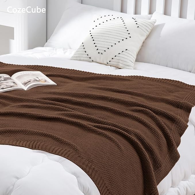 CozeCube Brown Throw Blanket for Couch, Soft Cozy Cable Knit Throw for Bed Sofa - Image 5