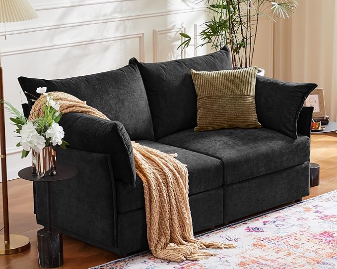 ABCASA Oversized Loveseat Sofa, Modern Modular Sectional Couch Black Fluffy by ABCASA
