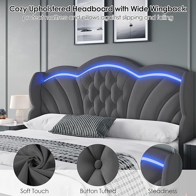 Keyluv Full Bed Frame with LED Lights and 2 Storage Drawers, Velvet Upholstered - Image 8