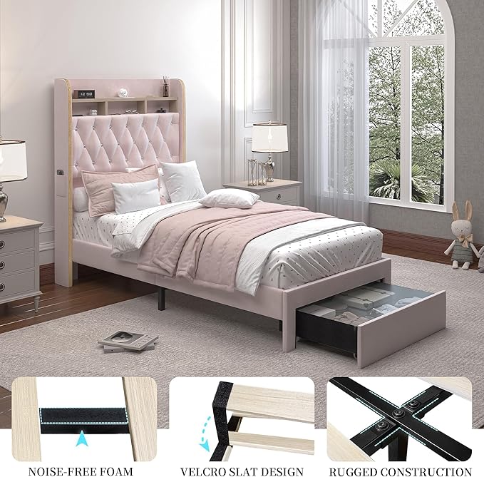 Twin LED Bed Frame with Storage Drawer, Velvet Upholstered Platform Beds with - Image 6