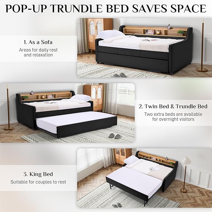 Twin Size Daybed with Pop Up Trundle Bed, Linen Fabric Upholstered Day Bed - Image 4