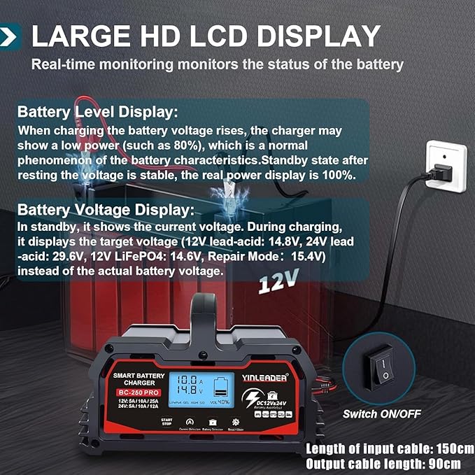Battery Charger 25A, 12V/24V Lead Acid Smart Battery Charger, 12V LiFePO4 Car - Image 6