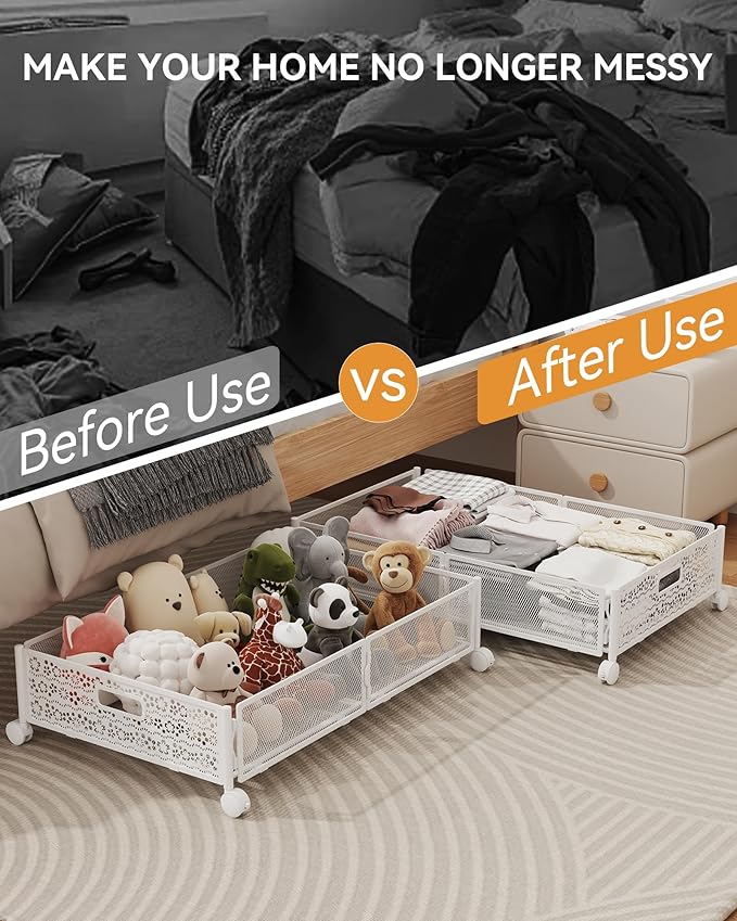 Under Bed Storage with Wheels, Foldable Pattern Carved Metal Under The Bed - Image 3