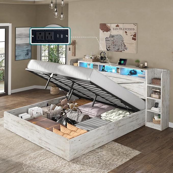 AMERLIFE King Size Lift Up Storage Bed Frame, 45.1" LED Bed Frame by AMERLIFE
