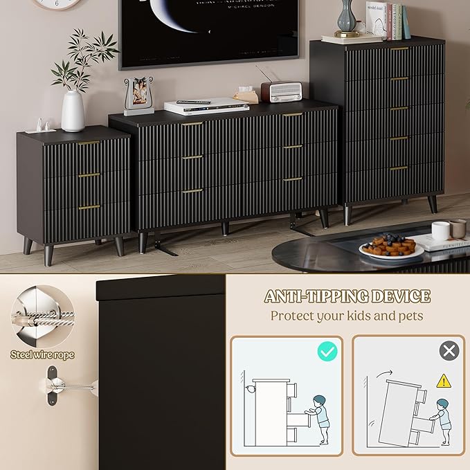 Lulive Black Dresser for Bedroom Wood Dressers Chest of Drawers, Fluted 54" - Image 6