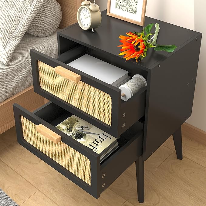 YAUKOMEL Rattan Nightstand Set of 2, Mid Century Modern Bedside Table - Image 4