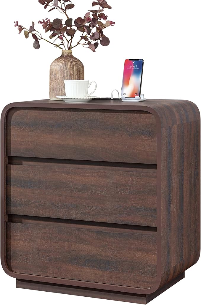 Walnut Nightstand with Charging Station, Modern Curved End Table with 3 Drawers by StandifurnoFurniture