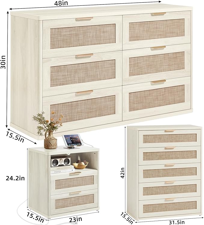 LEYAOYAO Rattan Dresser and Nightstand Set of 3, Boho Wood Dresser - Image 3