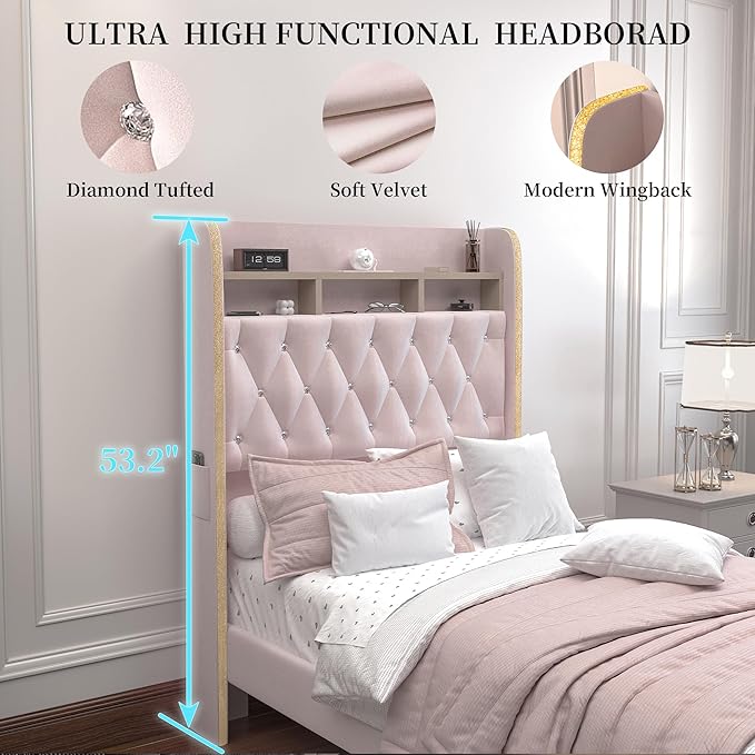Twin LED Bed Frame with Storage Drawer, Velvet Upholstered Platform Beds with - Image 7