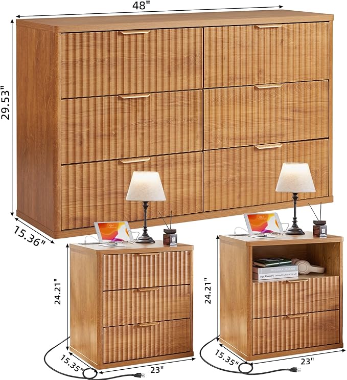 LEYAOYAO 48" Wide Fluted Dresser and 23" Nightstand Set of 2, Wooden Dresser & - Image 3