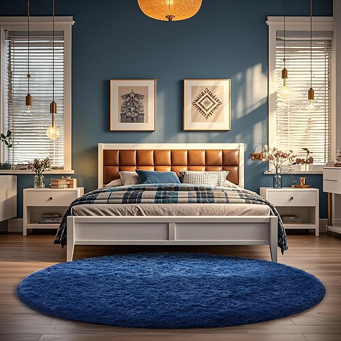 Ophanie Round Rug 5Ft Blue Circle Area Rug, Boys Room Decor, Fluffy Fuzzy by Ophanie