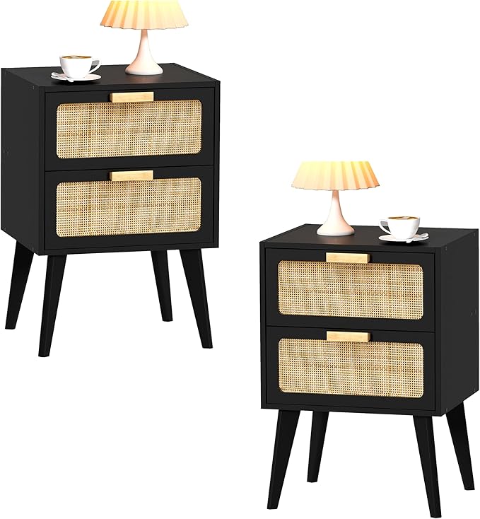 YAUKOMEL Rattan Nightstand Set of 2, Mid Century Modern Bedside Table by YAUKOMEL