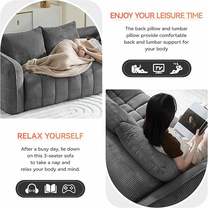 Corduroy Boneless Living Room Sets, Modern Upholstered 3 Seater Sofa - Image 5