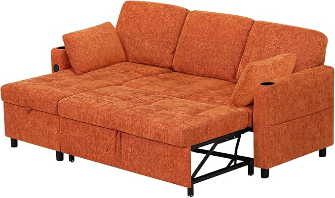 84" Chenille Pull Out Sofa Bed w/Adjustable Backrest, L-Shape Modern Sleeper - Image 9
