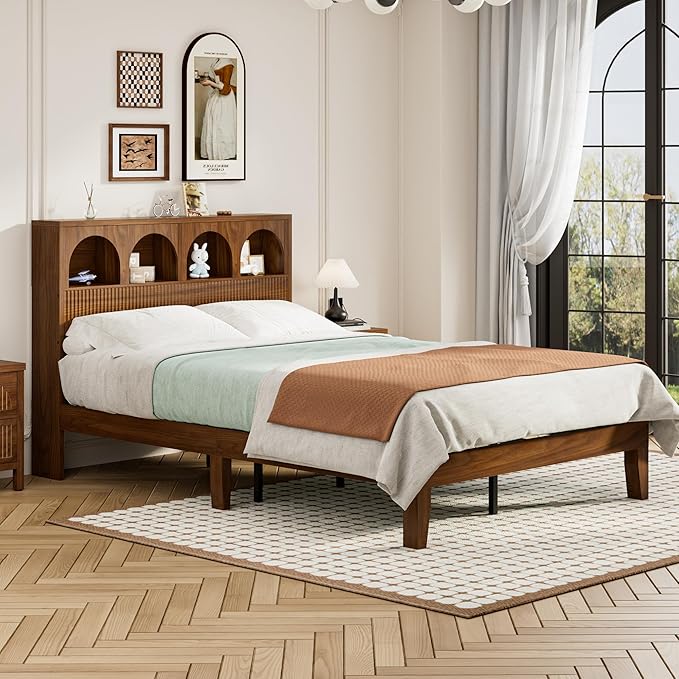 Full Bed Frame with Wave Headboard, Storage Headboard with 4 Arched Storage - Image 7