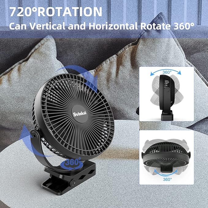 Svinkal Portable Clip on Fan 10000mAh Battery Powered, USB Type C, Supports - Image 3