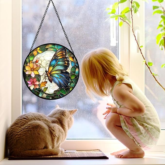 DASTOLL Stained Glass Window Hanging, Butterfly Flower Sun Catchers Diamond - Image 3