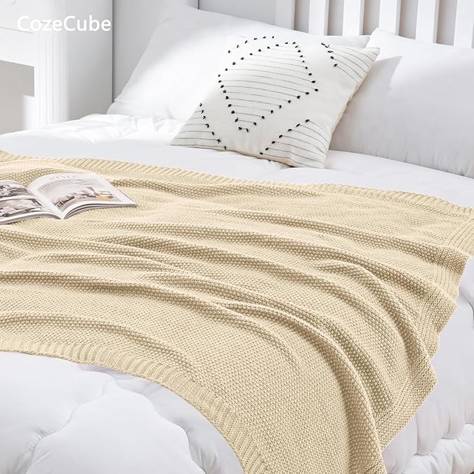 CozeCube Beige Throw Blanket for Couch, Soft Cozy Cable Knit Throw for Bed Sofa - Image 5